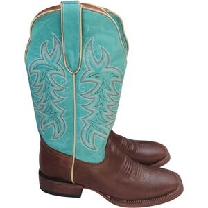 Tanner Mark Cowboy Boots W8.5 Turquoise Brown Leather Square Toe  TML 205107